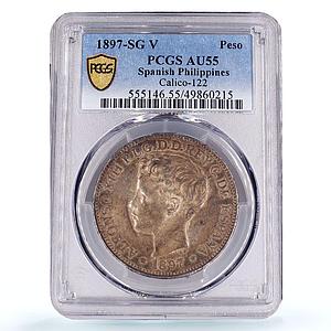 Philippines 1 peso Spanish Coinage Child Alfonso XIII AU55 PCGS silver coin 1897