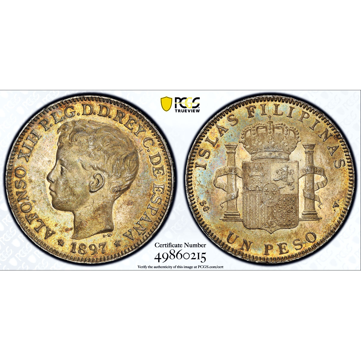 Philippines 1 peso Spanish Coinage Child Alfonso XIII AU55 PCGS silver coin 1897
