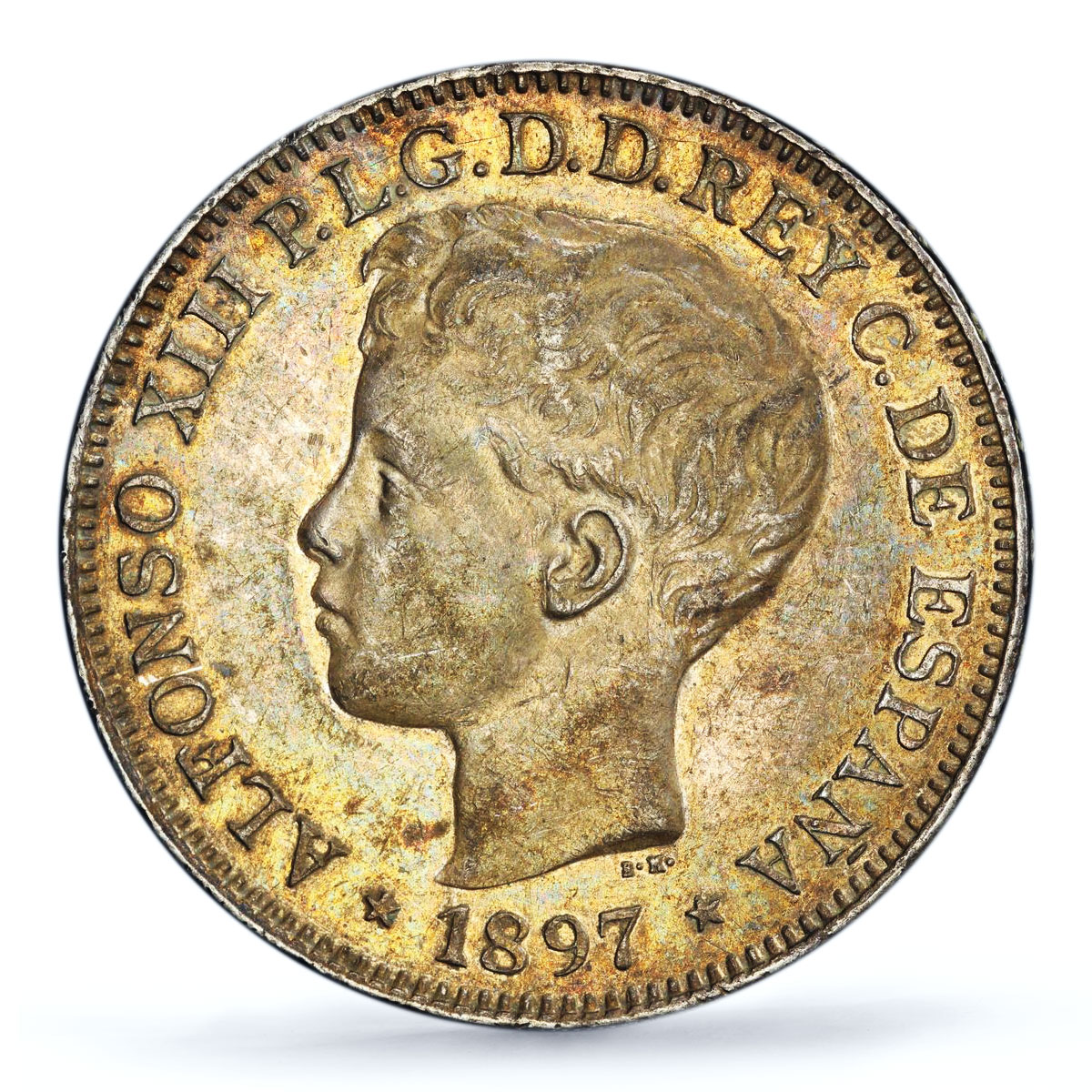 Philippines 1 peso Spanish Coinage Child Alfonso XIII AU55 PCGS silver coin 1897