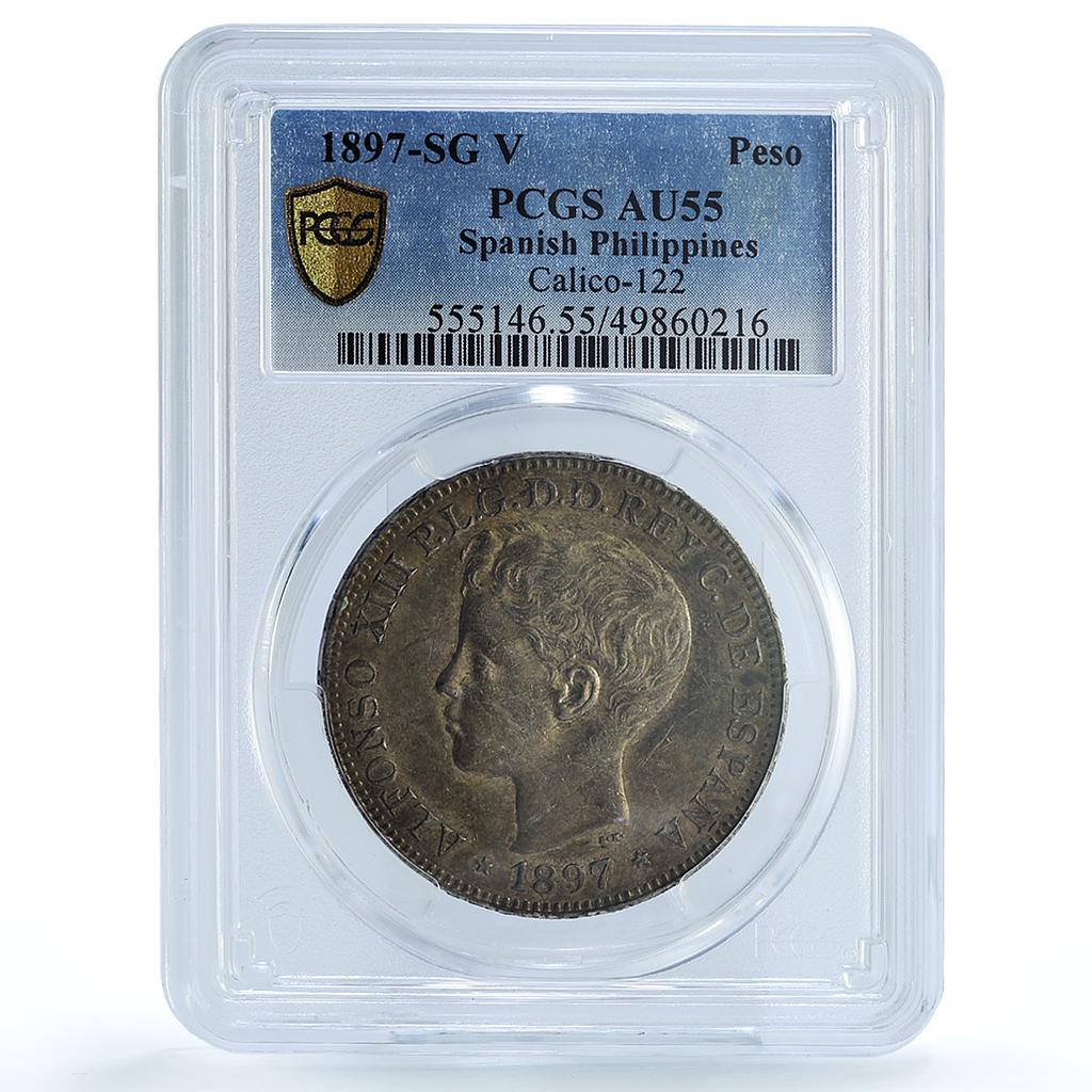 Philippines 1 peso Spanish Coinage Child Alfonso XIII AU55 PCGS silver coin 1897 Philippines 1 peso Spanish Coinage Child Alfonso XIII AU55 PCGS silver coin 1897