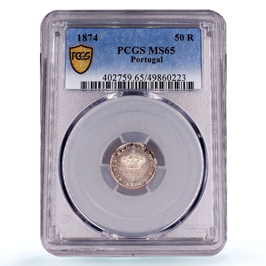 Portugal 50 reis King Luiz Luis I Coinage KM-506 MS65 PCGS silver coin 1874