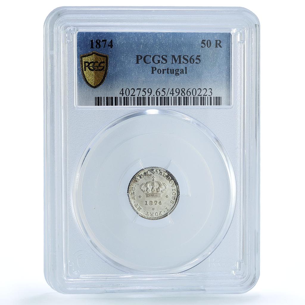 Portugal 50 reis King Luiz Luis I Coinage KM-506 MS65 PCGS silver coin 1874 Portugal 50 reis King Luiz Luis I Coinage KM-506 MS65 PCGS silver coin 1874