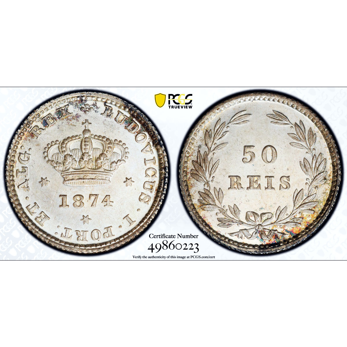 Portugal 50 reis King Luiz Luis I Coinage KM-506 MS65 PCGS silver coin 1874