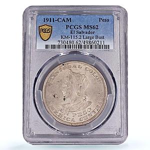 El Salvador 1 peso Cristobal Colon Large Bust KM-115 MS62 PCGS silver coin 1911