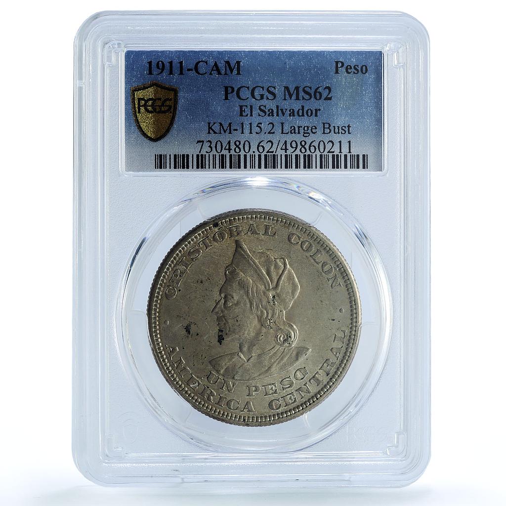 El Salvador 1 peso Cristobal Colon Large Bust KM-115 MS62 PCGS silver coin 1911 El Salvador 1 peso Cristobal Colon Large Bust KM-115 MS62 PCGS silver coin 1911
