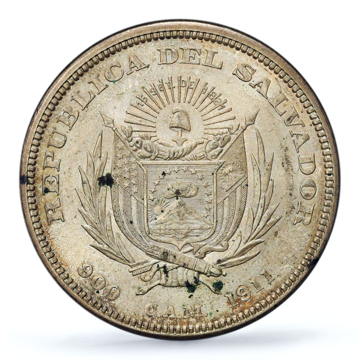 El Salvador 1 peso Cristobal Colon Large Bust KM-115 MS62 PCGS silver coin 1911