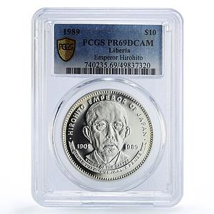 Liberia 10 dollars Japan Emperor Hirohito Politics PR69 PCGS silver coin 1989