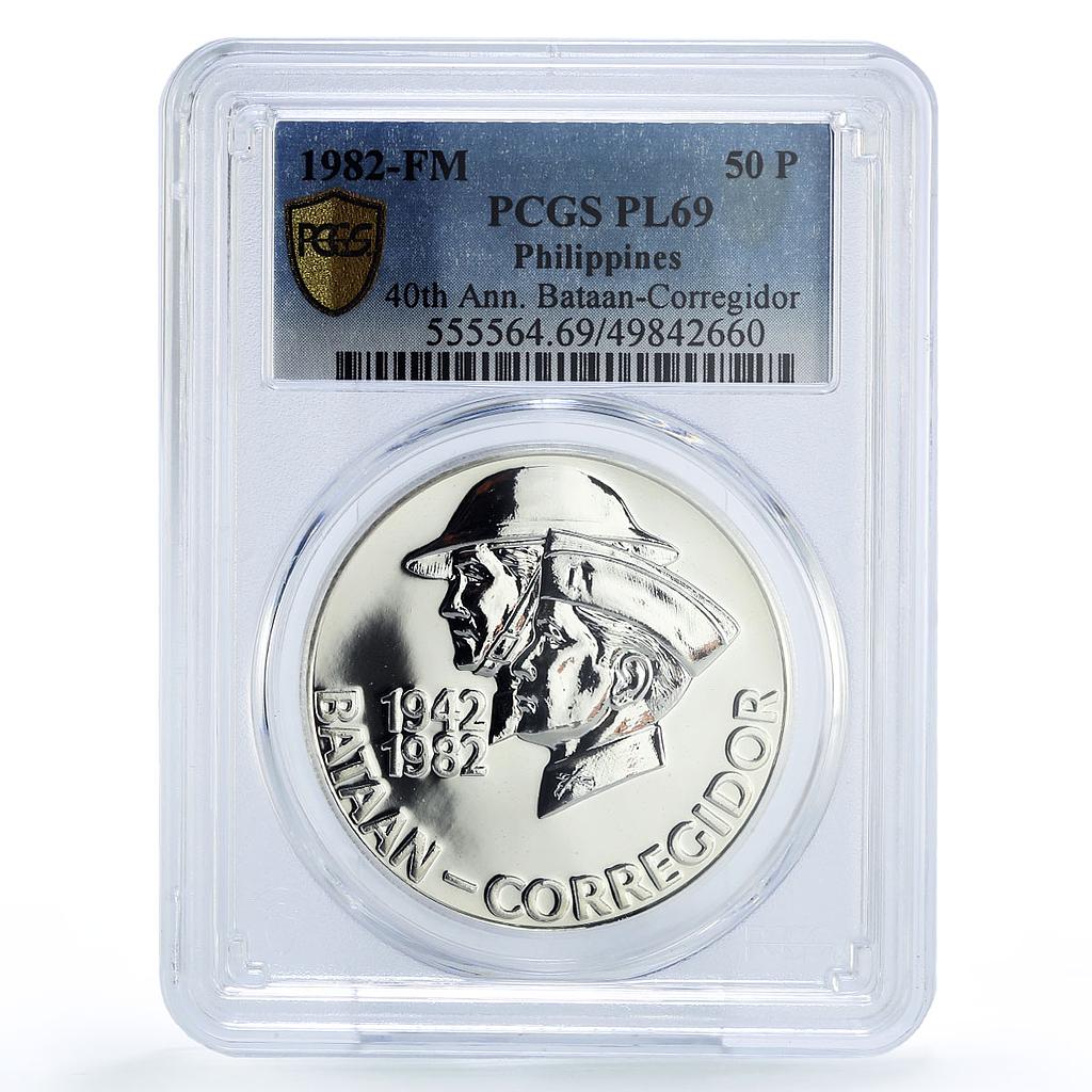 Philippines 50 piso Bataan Corregidor Battles KM-236 PL69 PCGS silver coin 1982