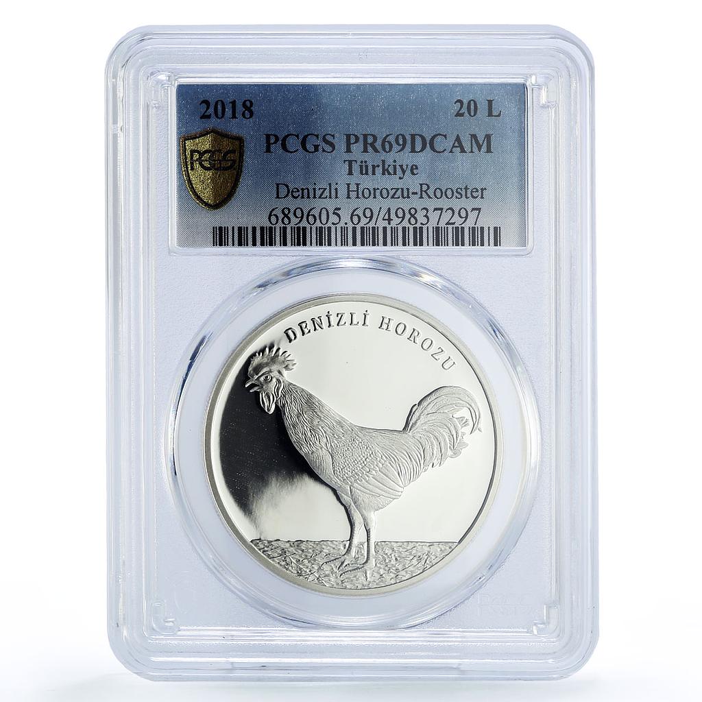 Turkey 20 lira Conservation Wildlife Denizli Rooster PR69 PCGS silver coin 2018