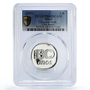 Brazil 3 reais Central Bank 30th Anniversary PR68 PCGS silver coin ND (1997)