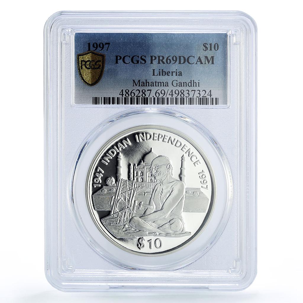Liberia 10 dollars Independence Gandhi Politics PR69 PCGS silver coin 1997