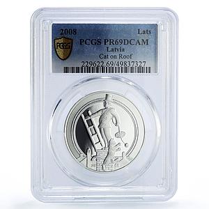 Latvia 1 lats Lucky Coin Cat on Roof PR69 PCGS silver coin 2008
