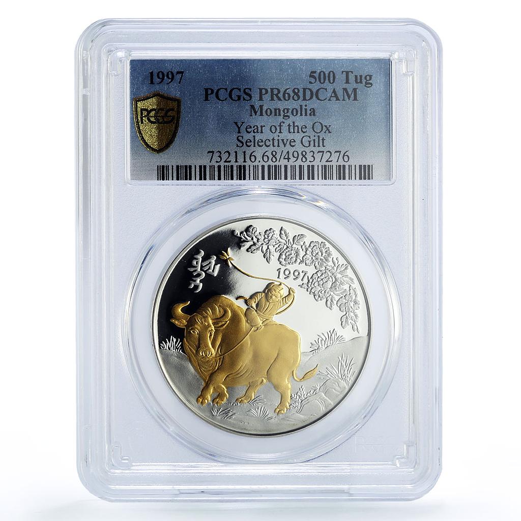 Mongolia 500 togrog Lunar Calendar Year of Ox Gilt PR68 PCGS silver coin 1997
