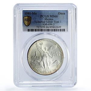 Mexico 1 onza Libertad Angel of Independence Type 1 MS66 PCGS silver coin 1991