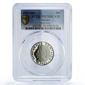 Mexico 50 centavos Aztec Chief Cuauhtemoc KM-452 PR70 PCGS CuNi coin 1983