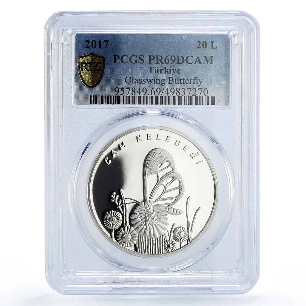 Turkey 20 lira Conservation Glasswing Butterfly PR69 PCGS silver coin 2019