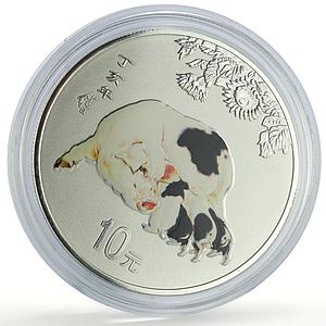 China 10 yuan Lunar Calendar Year of the Pig Colored proof silver coin 2007