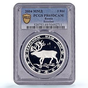 Russia 3 roubles Protect Our World Reindeer Fauna PR69 PCGS silver coin 2004