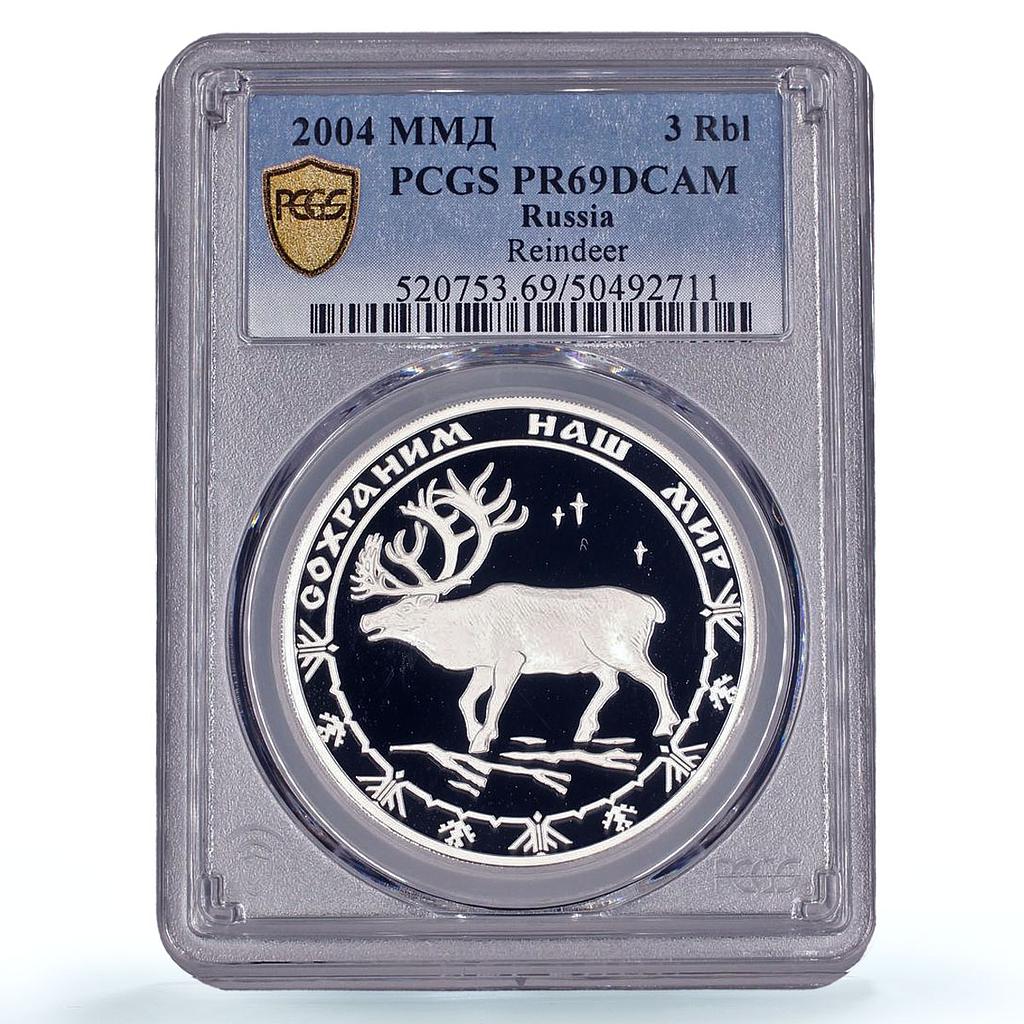 Russia 3 roubles Protect Our World Reindeer Fauna PR69 PCGS silver coin 2004