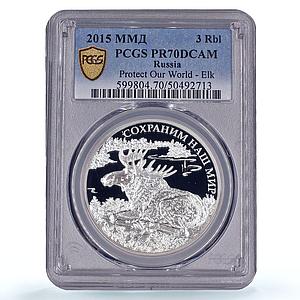 Russia 3 roubles Protect Our World Elk Wildlife Fauna PR70 PCGS silver coin 2015