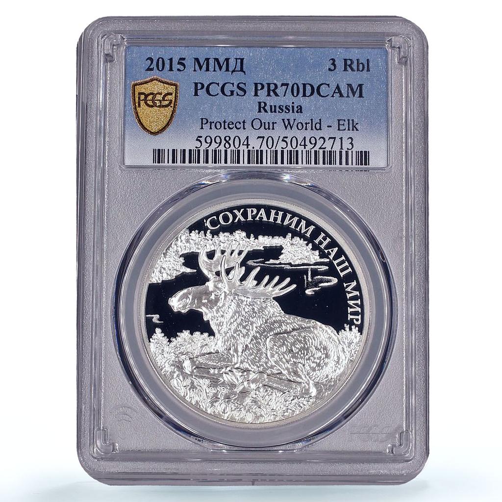 Russia 3 roubles Protect Our World Elk Wildlife Fauna PR70 PCGS silver coin 2015