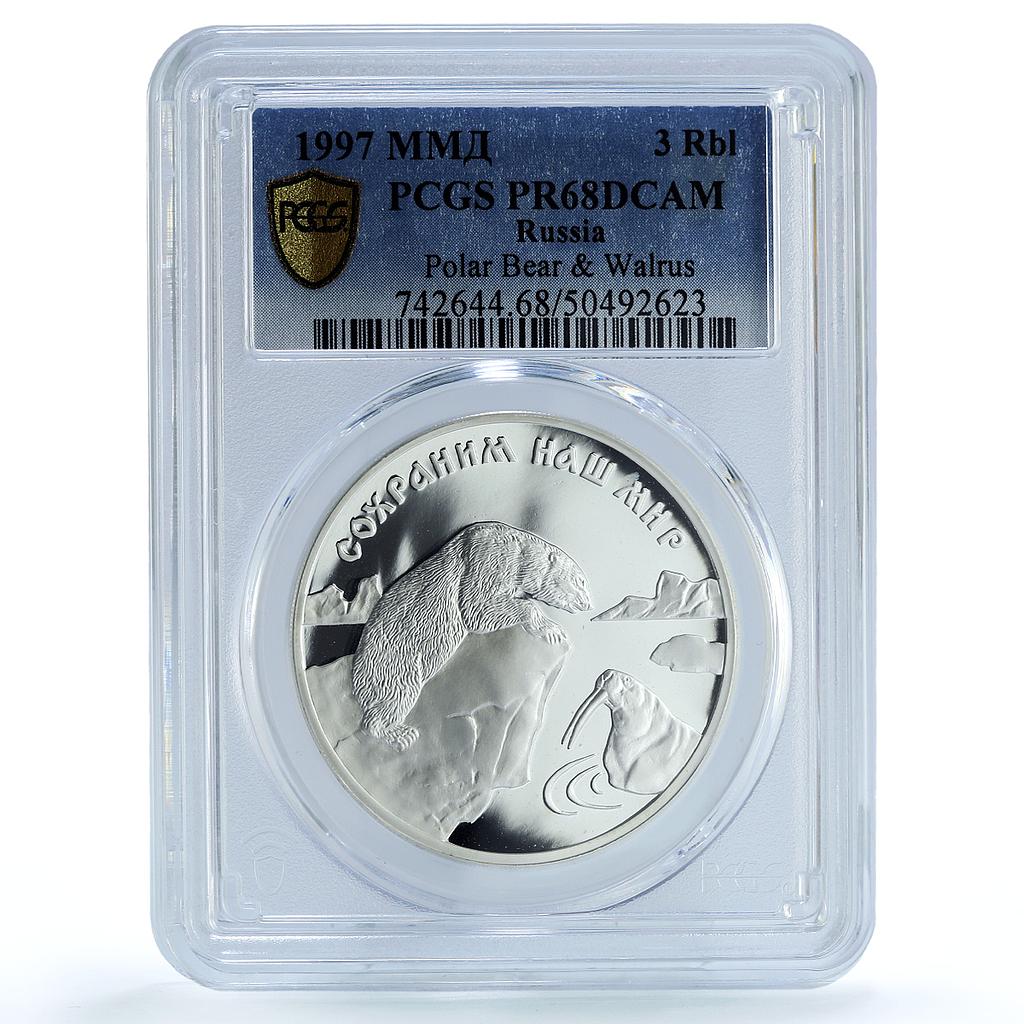 Russia 3 roubles Protect Our World Polar Bear Walrus PR68 PCGS silver coin 1997 Russia 3 roubles Protect Our World Polar Bear Walrus PR68 PCGS silver coin 1997