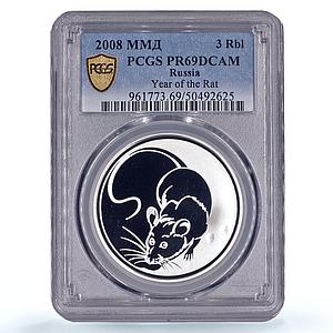 Russia 3 roubles Lunar Calendar Year of the Rat Mouse PR69 PCGS silver coin 2008