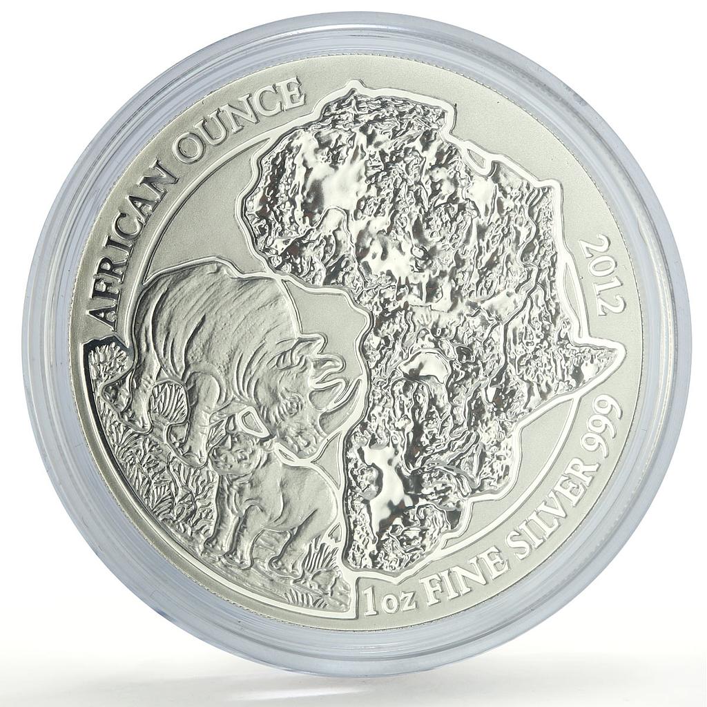 Rwanda 50 francs African Ounce Rhinoceros Wildlife Fauna Matte silver coin 2012