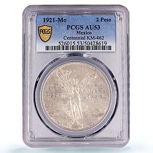 Mexico 2 pesos Independence Centennial Libertad AU53 PCGS silver coin 1921