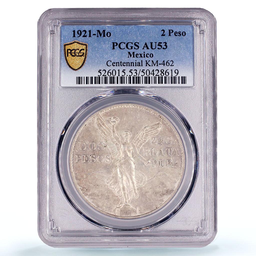 Mexico 2 pesos Independence Centennial Libertad AU53 PCGS silver coin 1921