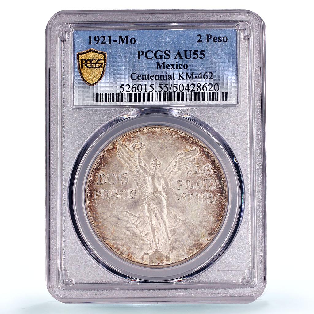 Mexico 2 pesos Independence Centennial Libertad AU55 PCGS silver coin 1921