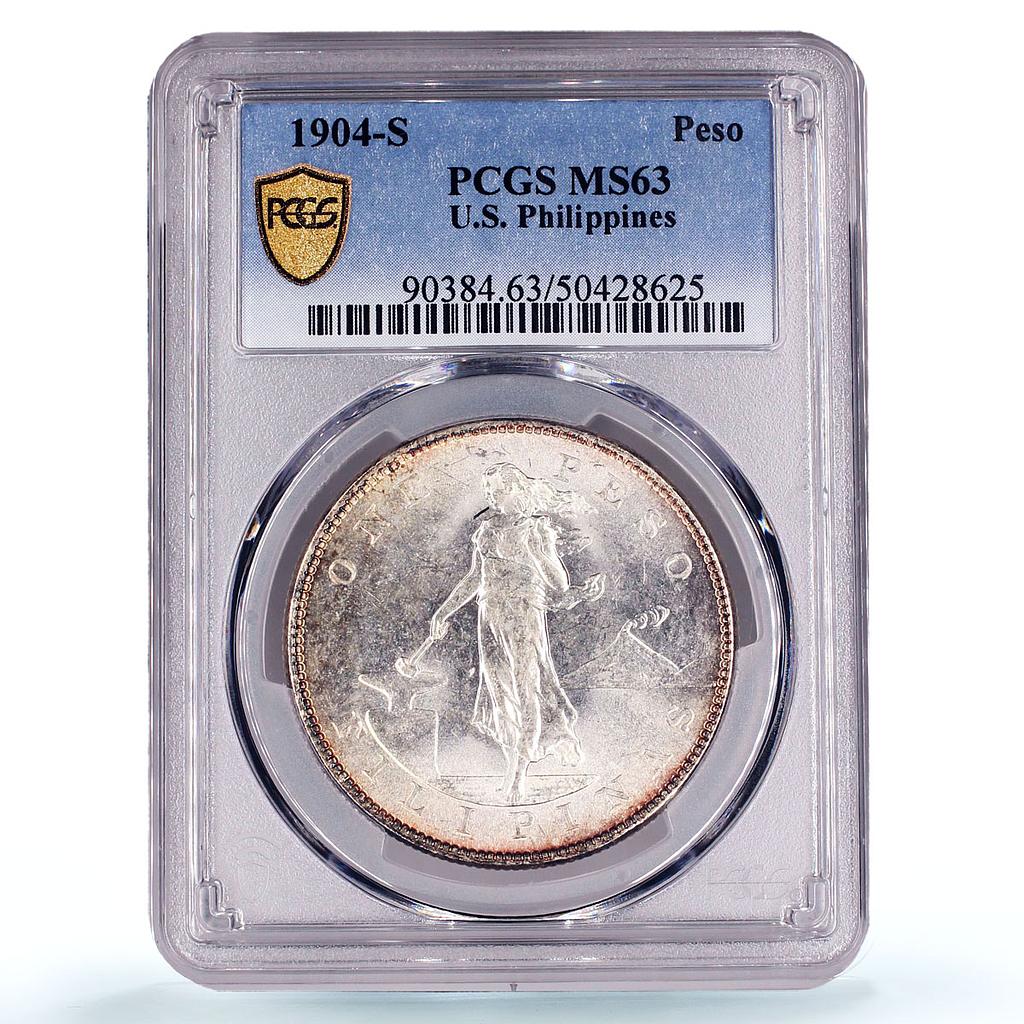 Philippines 1 peso US Decimal Coinage Large Type MS63 PCGS silver coin 1904-S