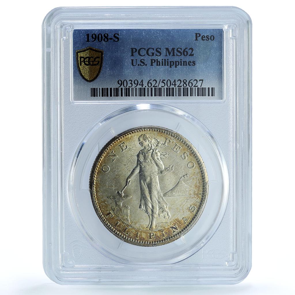 Philippines 1 peso US Decimal Coinage Small Type MS62 PCGS silver coin 1908-S Philippines 1 peso US Decimal Coinage Small Type MS62 PCGS silver coin 1908-S