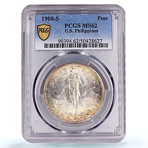 Philippines 1 peso US Decimal Coinage Small Type MS62 PCGS silver coin 1908-S