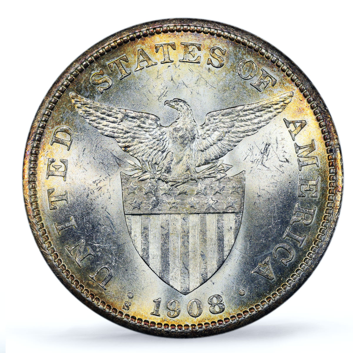 Philippines 1 peso US Decimal Coinage Small Type MS62 PCGS silver coin 1908-S