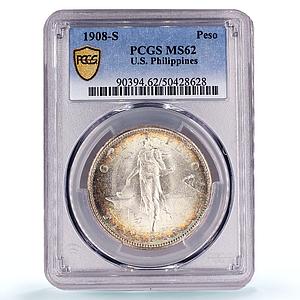Philippines 1 peso US Decimal Coinage Small Type MS62 PCGS silver coin 1908-S