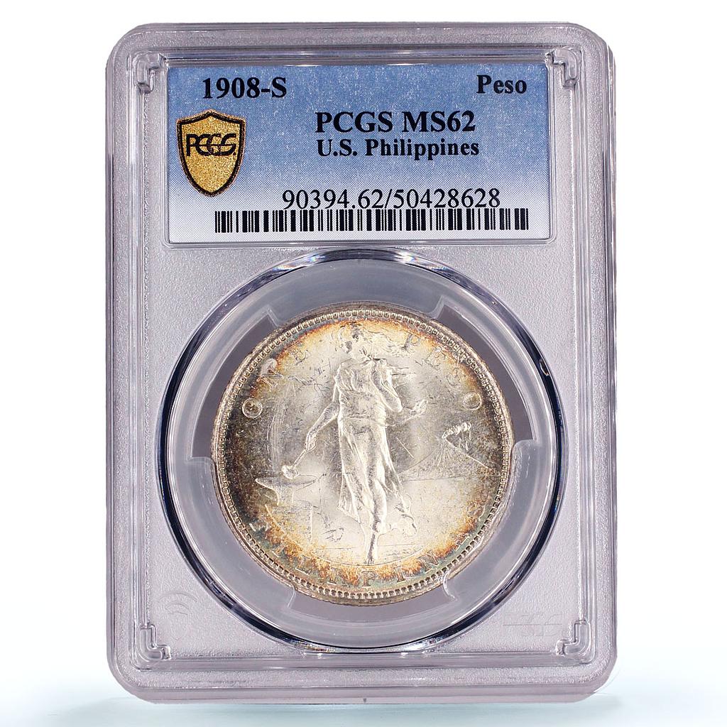 Philippines 1 peso US Decimal Coinage Small Type MS62 PCGS silver coin 1908-S