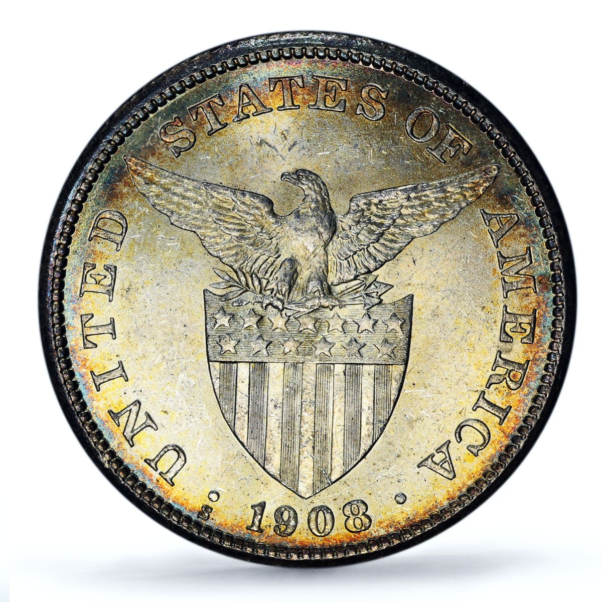 Philippines 1 peso US Decimal Coinage Small Type MS62 PCGS silver coin 1908-S