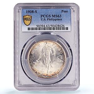 Philippines 1 peso US Decimal Coinage Small Type MS63 PCGS silver coin 1908-S