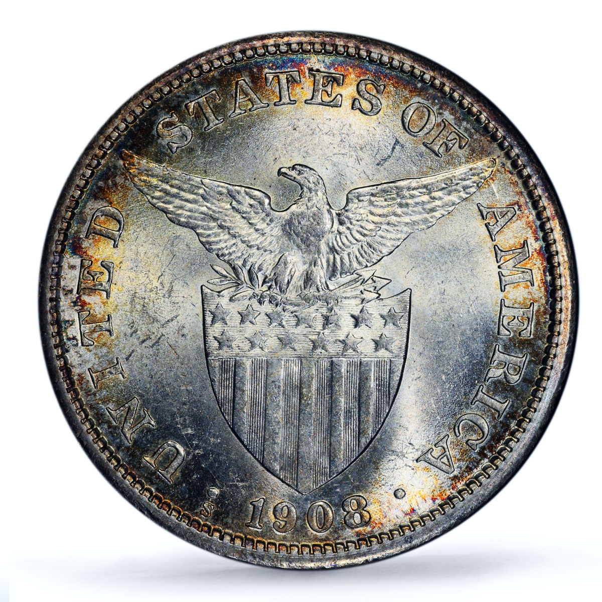 Philippines 1 peso US Decimal Coinage Small Type MS63 PCGS silver coin 1908-S