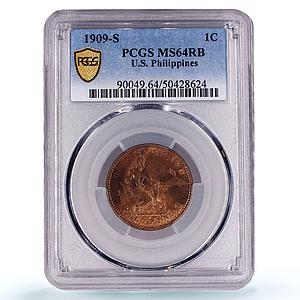 Philippines 1 centavo US Decimal Coinage Seated Man MS64 PCGS bronze coin 1909-S
