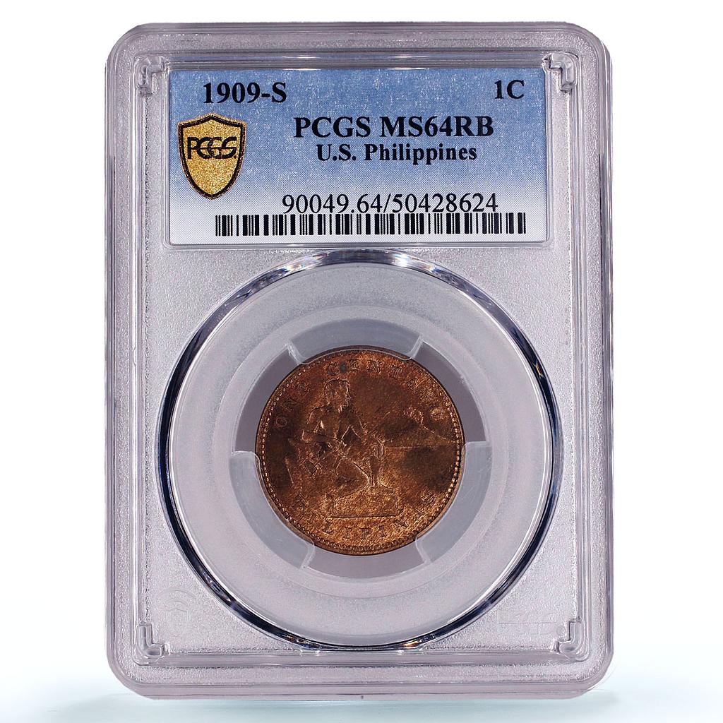 Philippines 1 centavo US Decimal Coinage Seated Man MS64 PCGS bronze coin 1909-S