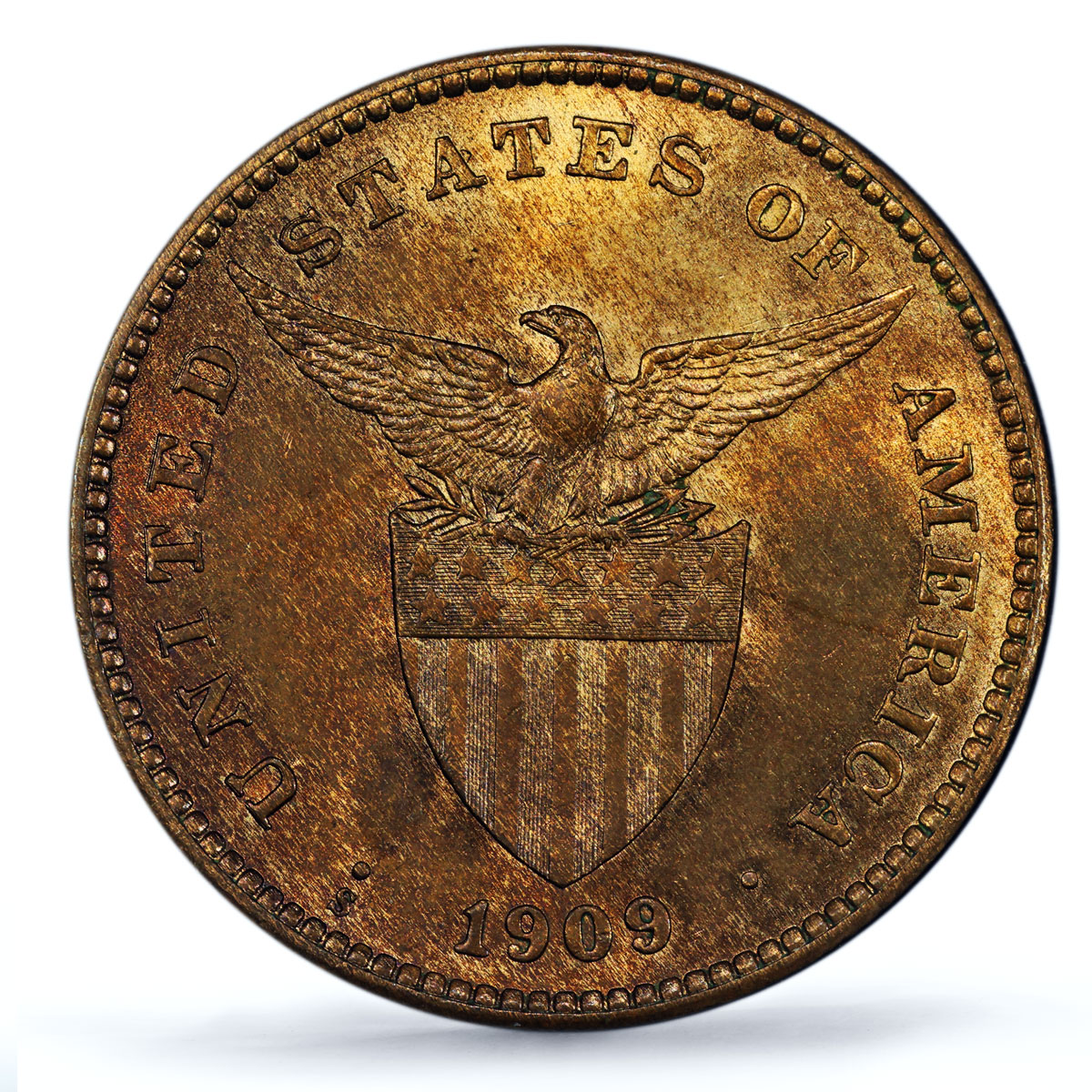Philippines 1 centavo US Decimal Coinage Seated Man MS64 PCGS bronze coin 1909-S