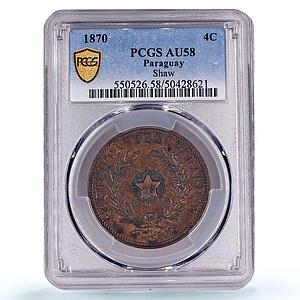 Paraguay 4 centesimos Republic Coinage SHAW Variety AU58 PCGS bronze coin 1870