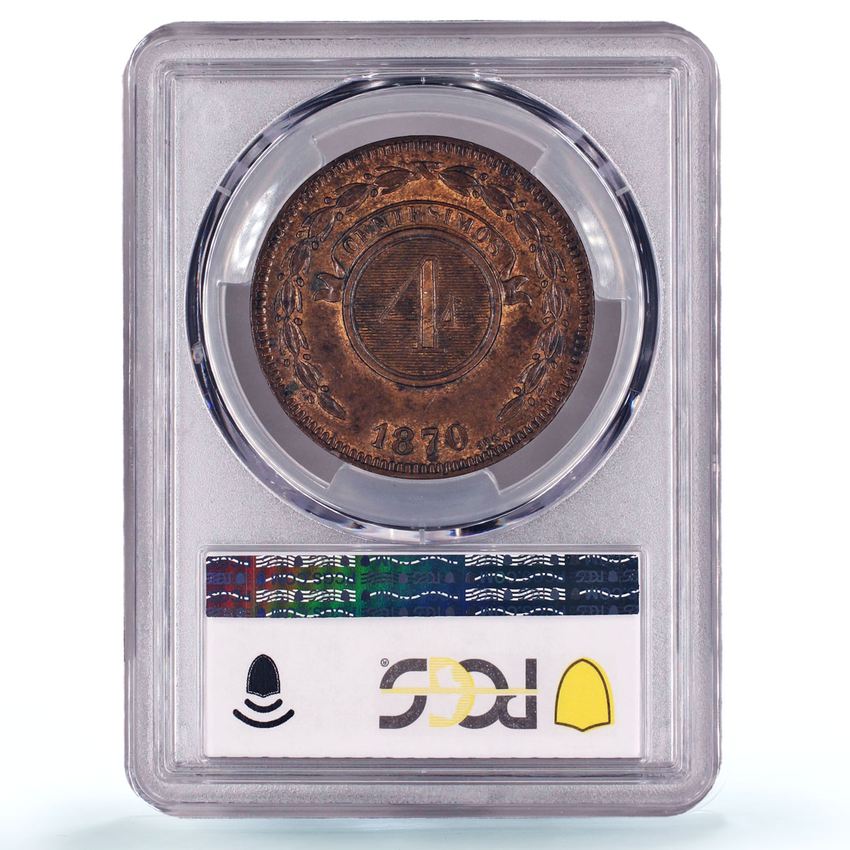 Paraguay 4 centesimos Republic Coinage SHAW Variety AU58 PCGS bronze coin 1870