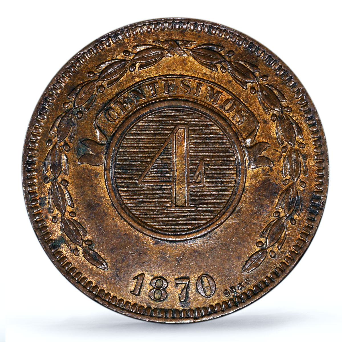 Paraguay 4 centesimos Republic Coinage SHAW Variety AU58 PCGS bronze coin 1870