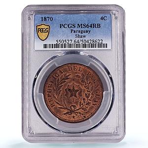 Paraguay 4 centesimos Republic Coinage SHAW Variety MS64 PCGS bronze coin 1870