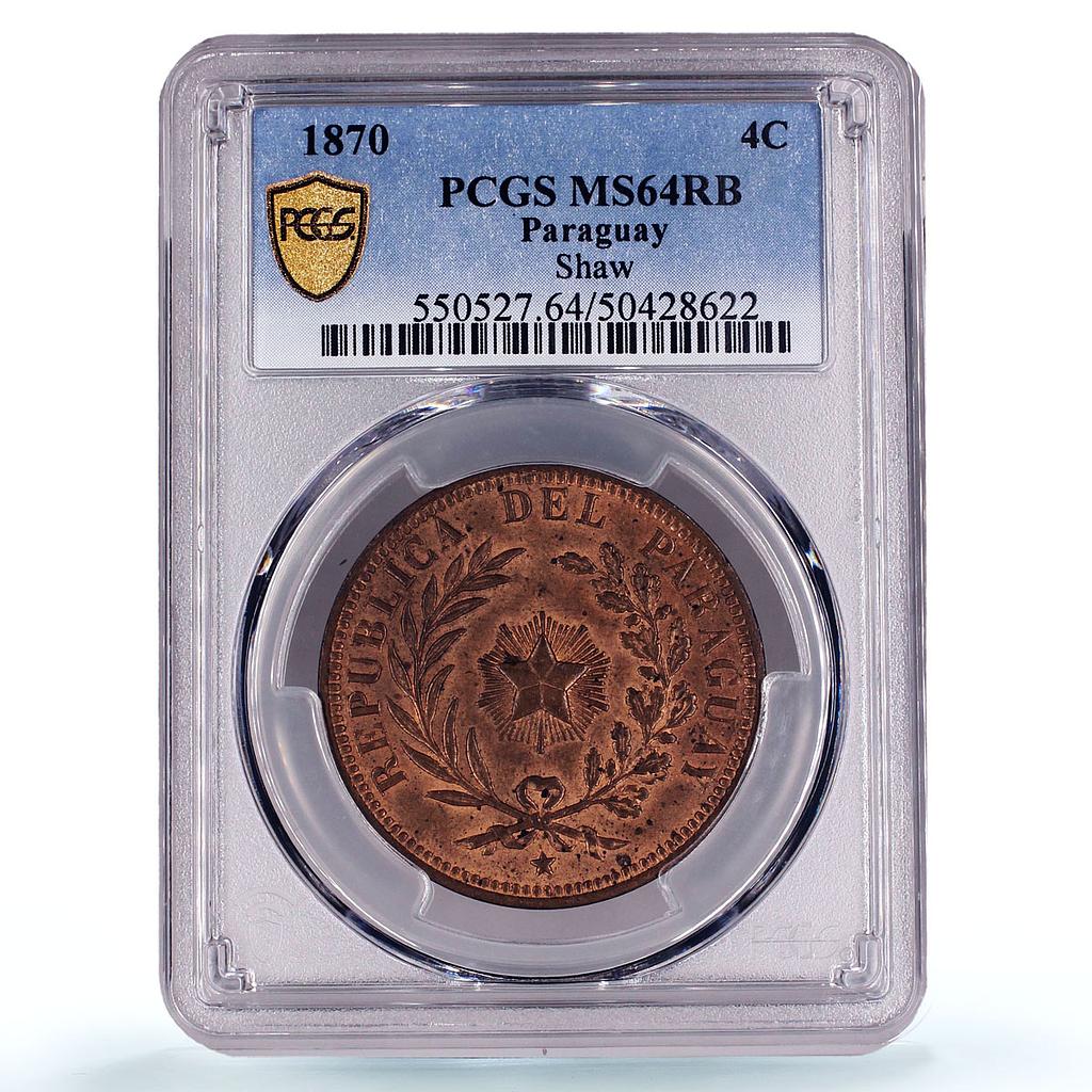 Paraguay 4 centesimos Republic Coinage SHAW Variety MS64 PCGS bronze coin 1870