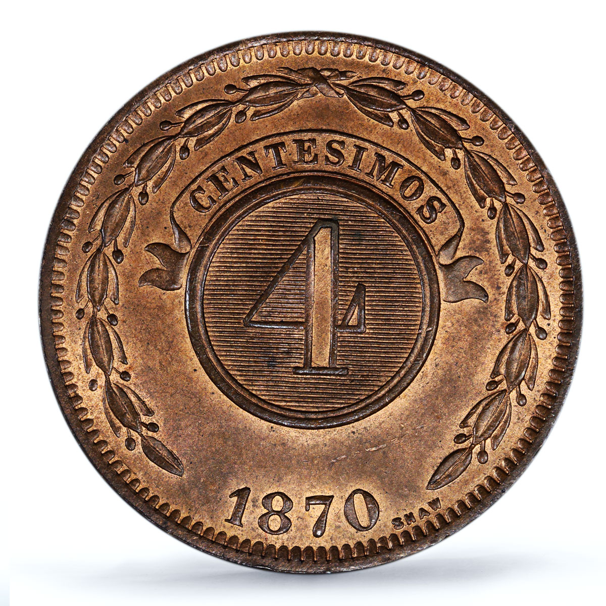Paraguay 4 centesimos Republic Coinage SHAW Variety MS64 PCGS bronze coin 1870