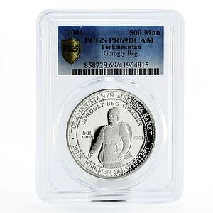Turkmenistan 500 manat Gorogly Beg PR69 PCGS proof silver coin 2001